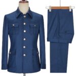 2PCS Blue Safari Men's Suits Tailor-Made Blazers Pants Normal Business Causal Party Singer Groom Wedding Prom Gold Button